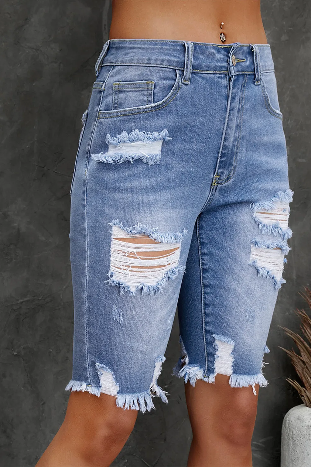 Hazel Blues® |  Distressed Frayed Hem Denim Bermuda Shorts