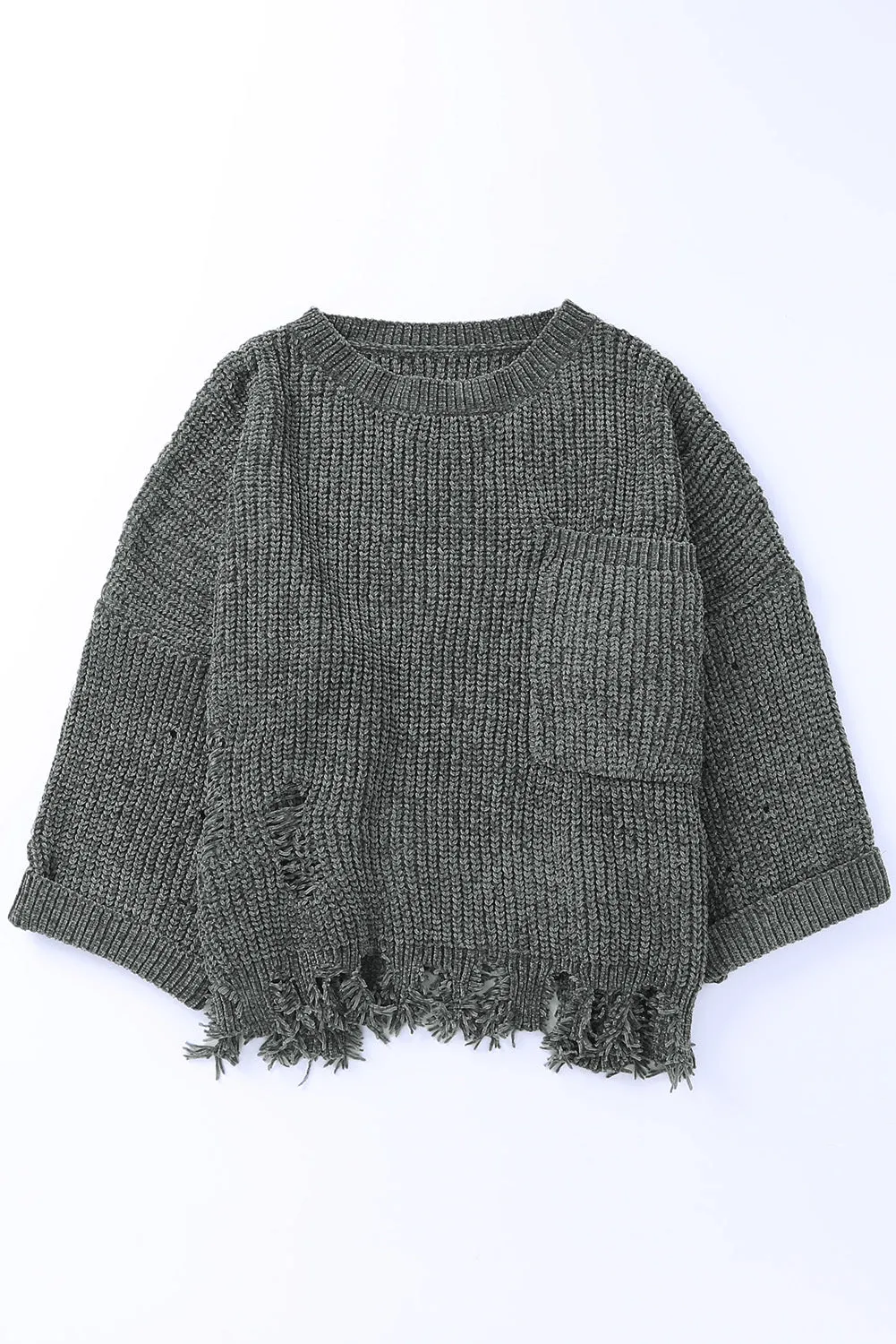 Hazel Blues® |  Distressed Round Neck Drop Shoulder Sweater