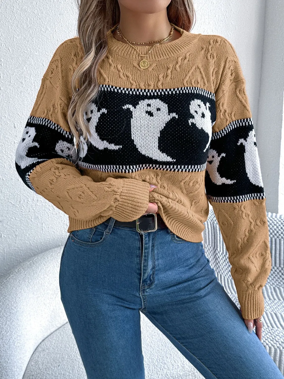 Hazel Blues® |  Ghost Round Neck Long Sleeve Sweater