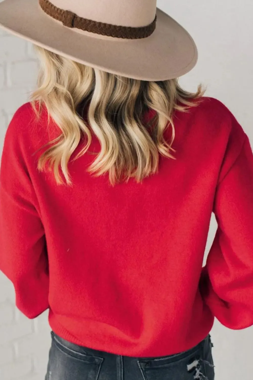 Hazel Blues® |  Letter Pearl Detail Round Neck Long Sleeve Sweater