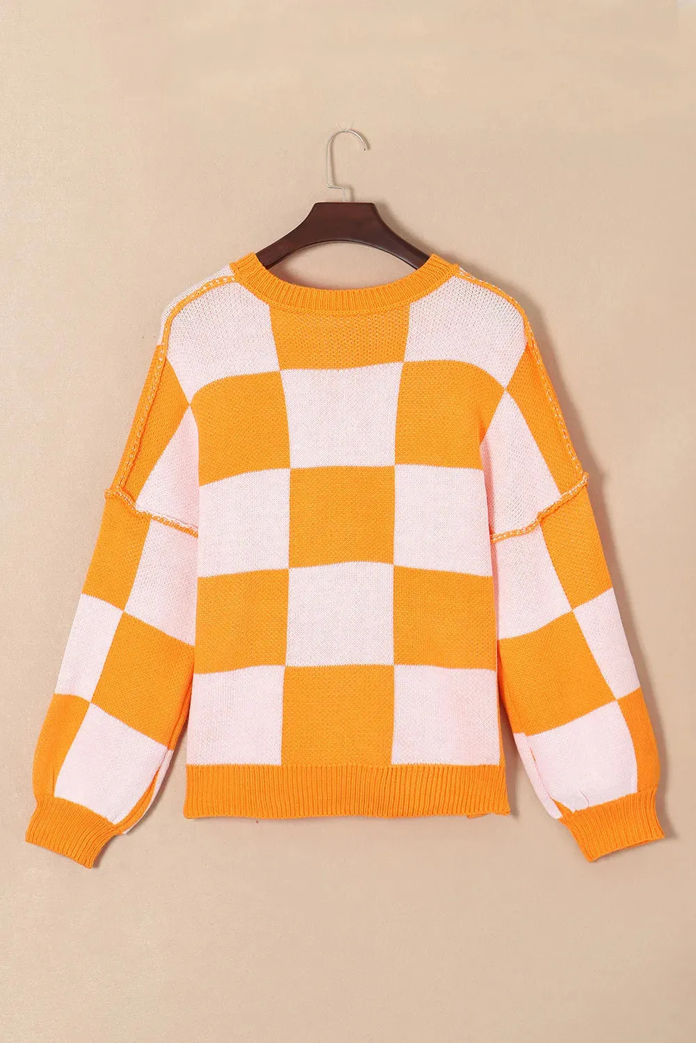Hazel Blues® |  Pumpkin Checkered Round Neck Long Sleeve Sweater