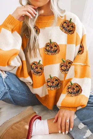Hazel Blues® |  Pumpkin Checkered Round Neck Long Sleeve Sweater