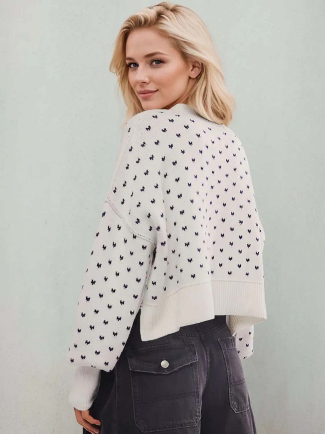Hazel Blues® |  Slit Round Neck Long Sleeve Sweater