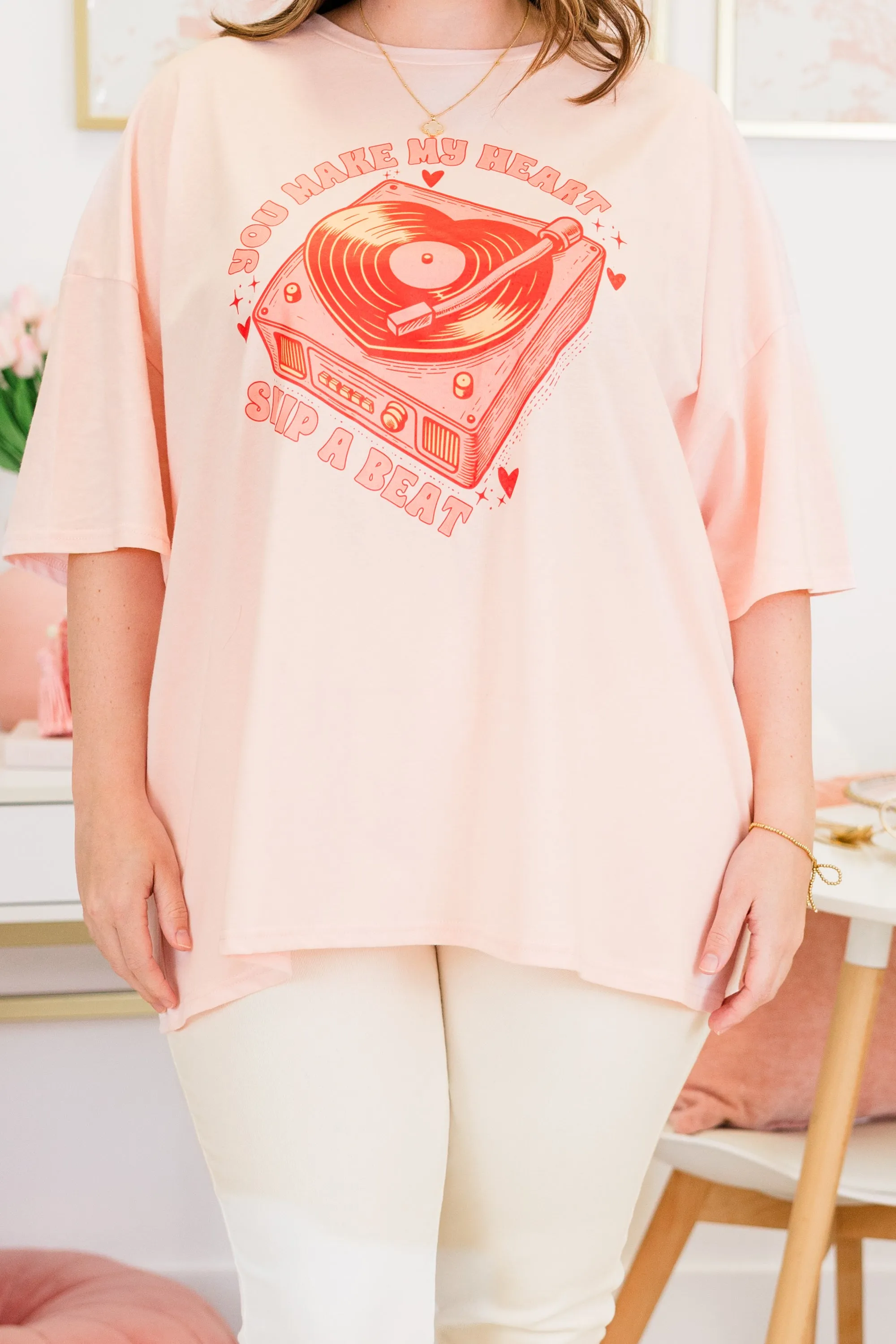 Heart Skips a Beat Boyfriend Tee, Cream Pink