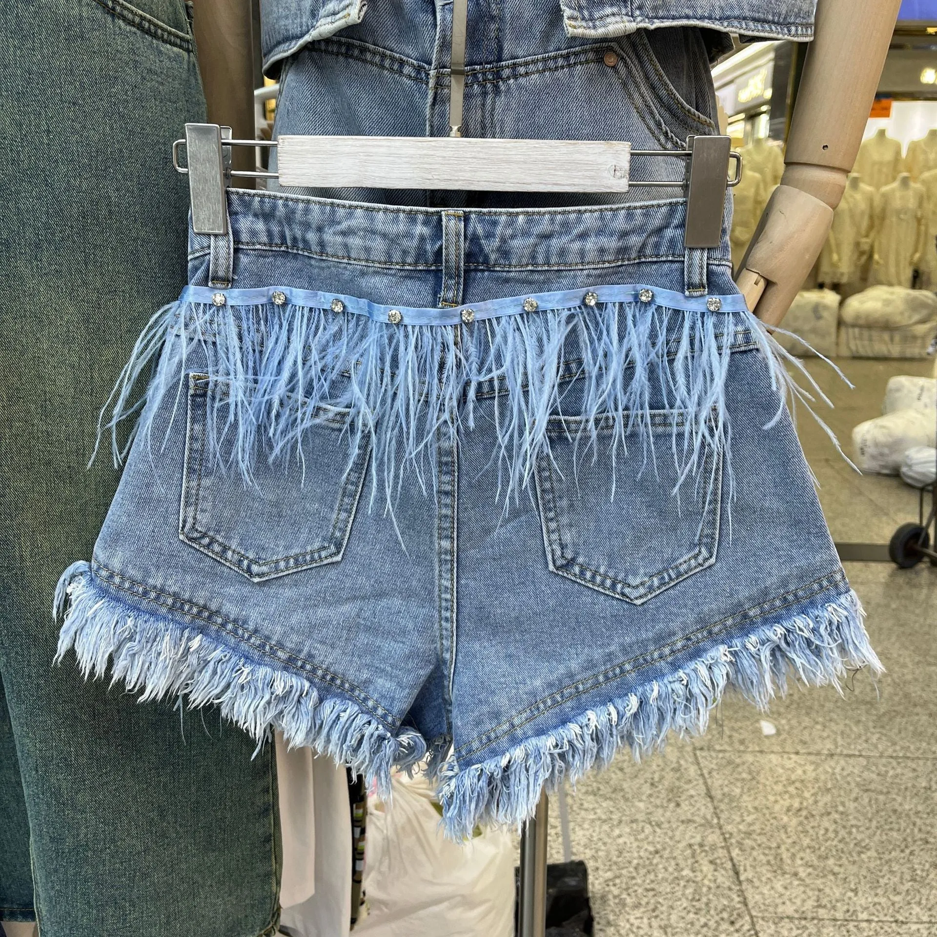 Heavy Industry Rhinestone Ostrich Feather Tassel Denim Shorts