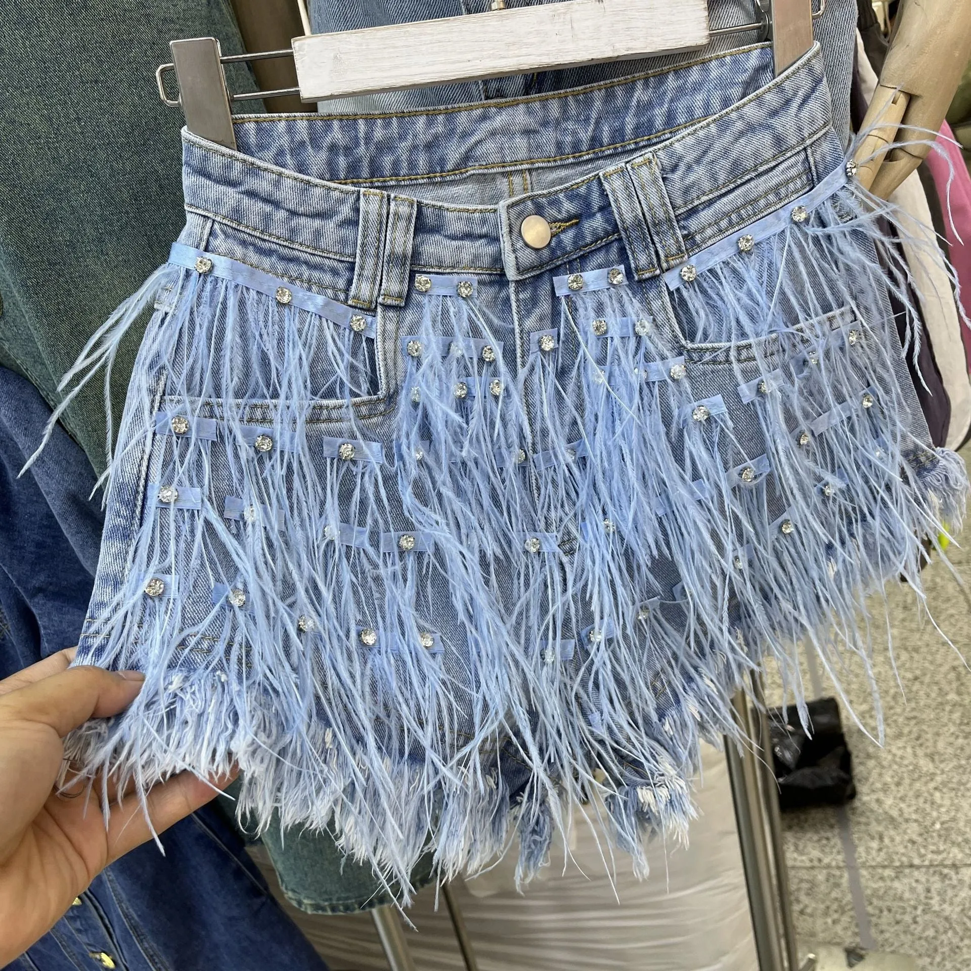 Heavy Industry Rhinestone Ostrich Feather Tassel Denim Shorts