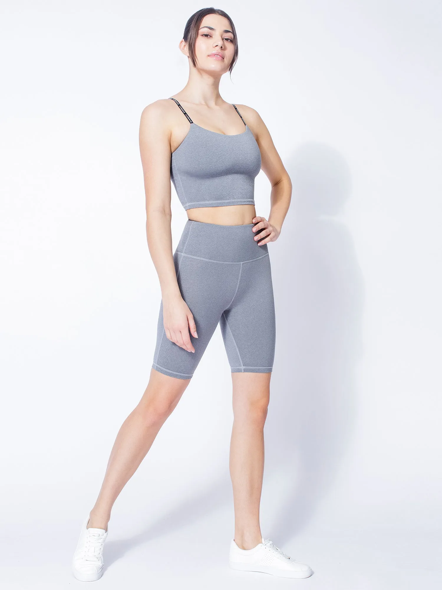 HIGH WAIST BIKER SHORTS, LIGHT HEATHER GREY