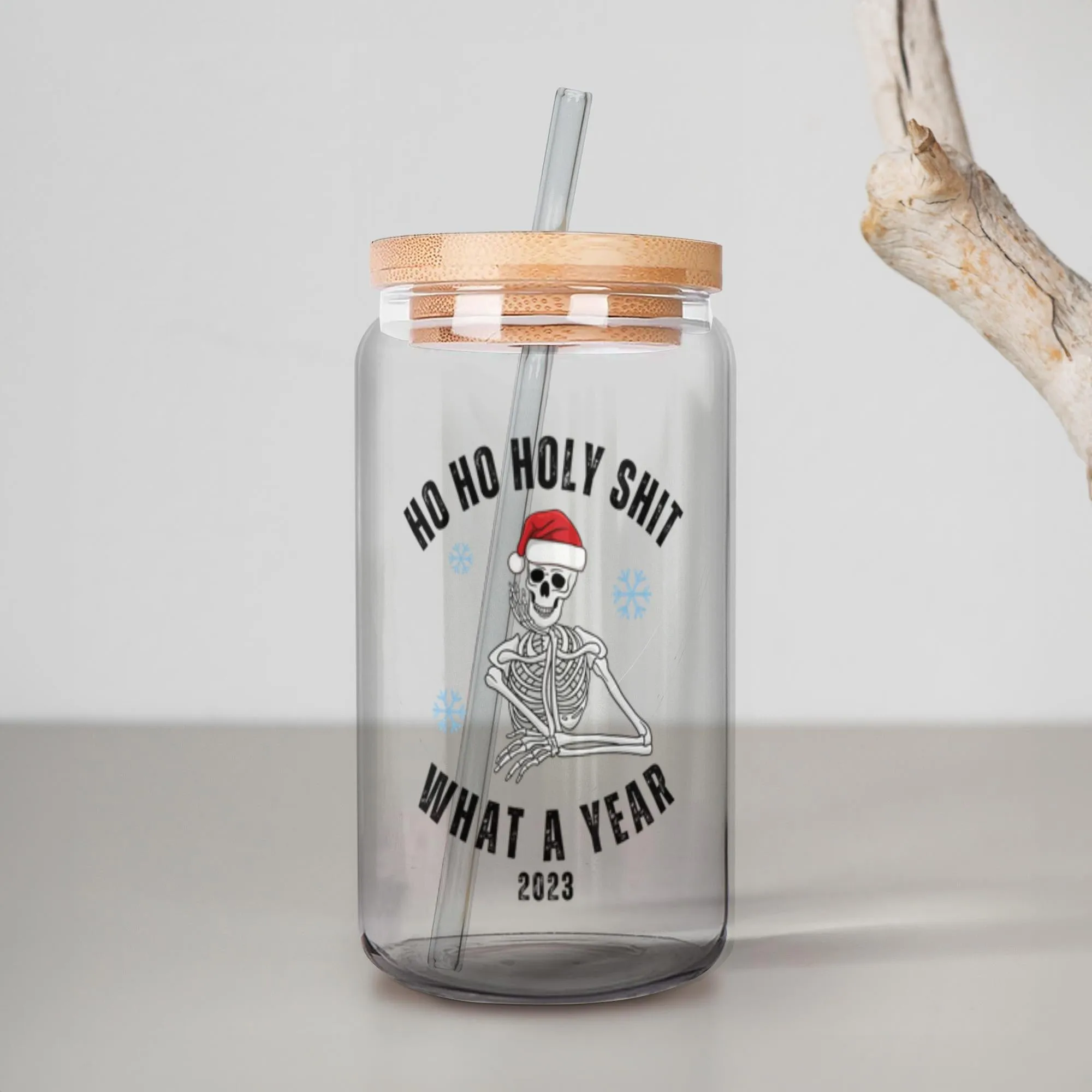 Ho Ho Holy Shit What a Year Mug 2023 Year in Review Skeleton Christmas Iced Coffee Trendy Glass Cup, Glass Skull Mugs, Can Shaped Glass