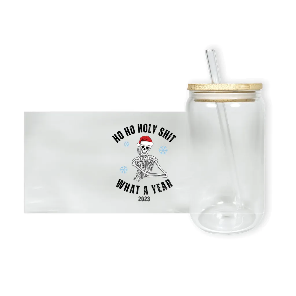 Ho Ho Holy Shit What a Year Mug 2023 Year in Review Skeleton Christmas Iced Coffee Trendy Glass Cup, Glass Skull Mugs, Can Shaped Glass