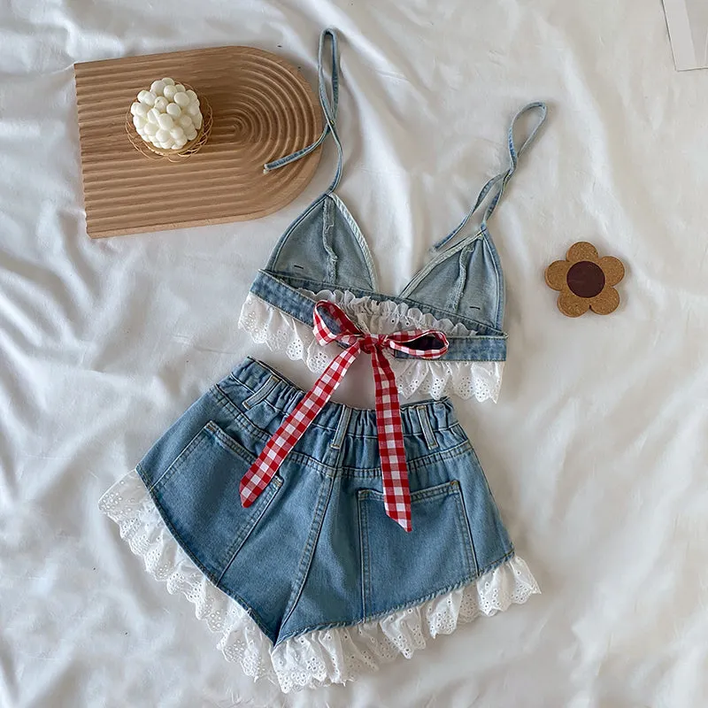 hot denim camisole  Shorts suit KF83881