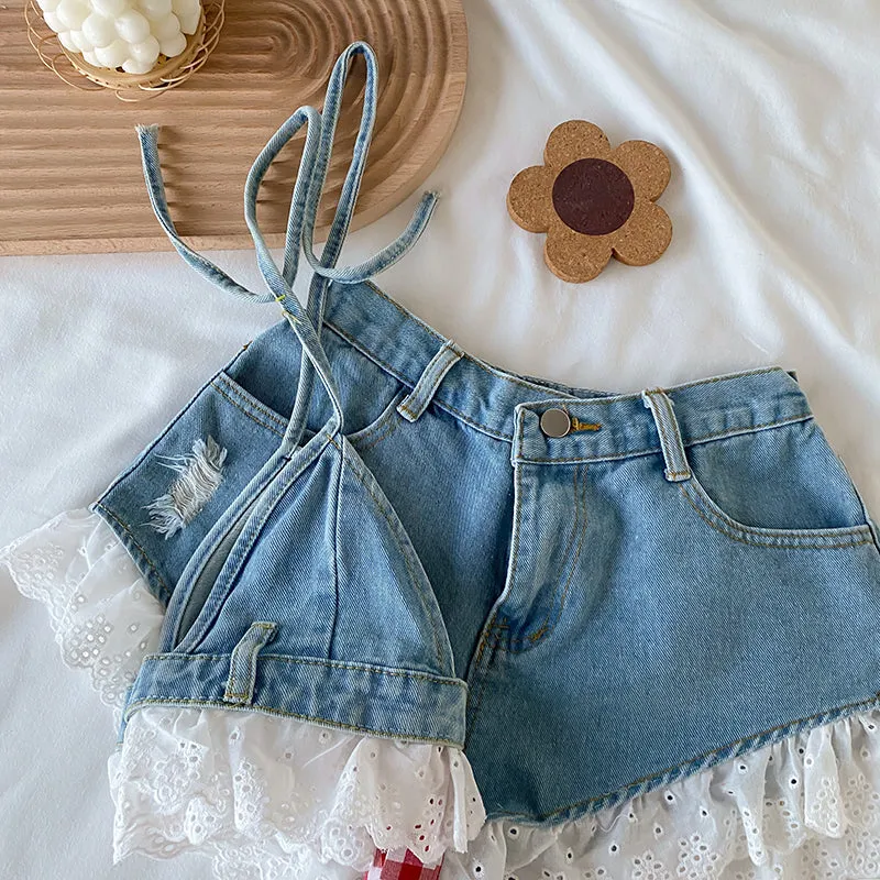 hot denim camisole  Shorts suit KF83881
