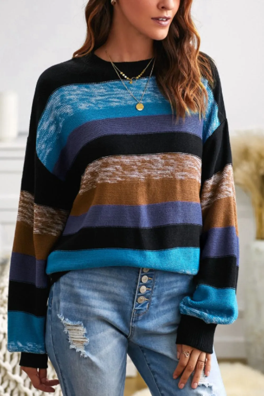 Katherine Contrast Striped Round Neck Drop Shoulder Sweater