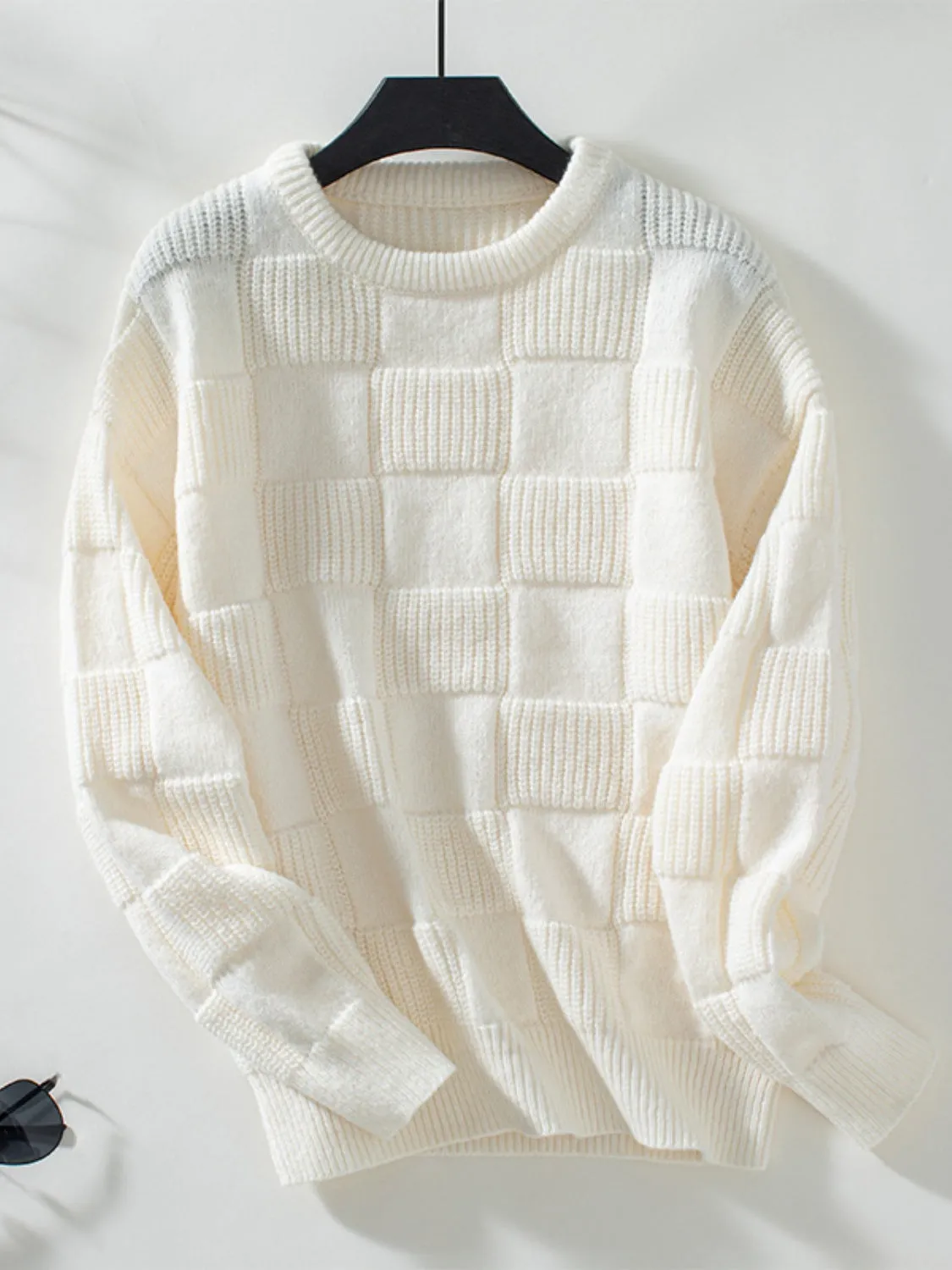 Kenny Checkered Round Neck Long Sleeve Sweater- Deal of the Day!