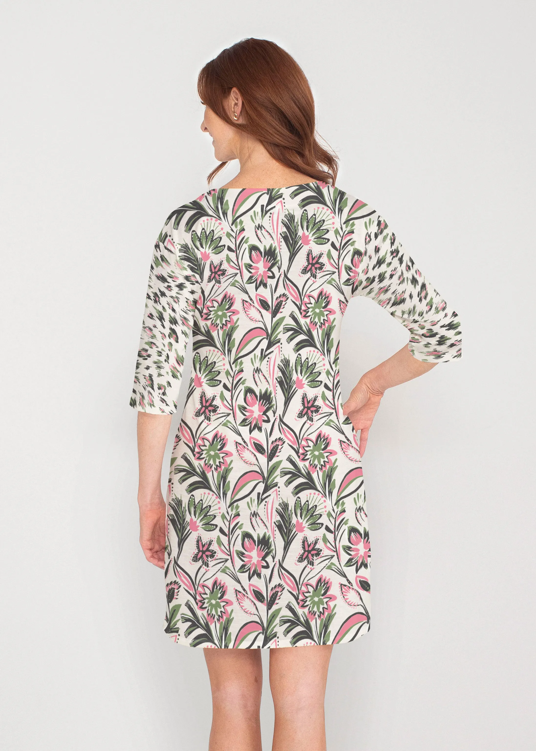 Leopard Bouquet (8019) ~ Drop Shoulder 3/4 Sleeve V-Neck Dress