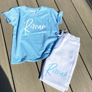 Light Blue & White Shorts Personalised Summer Set