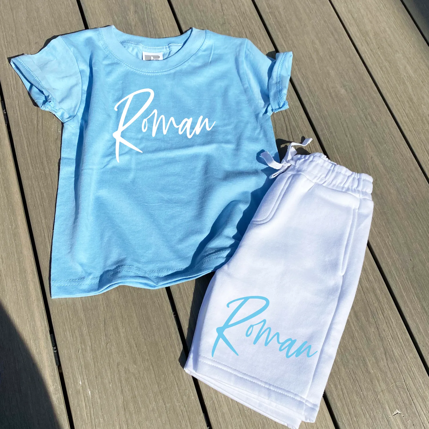 Light Blue & White Shorts Personalised Summer Set