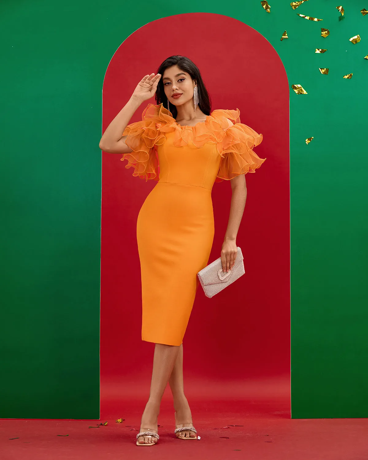 Mesh Fluffy Sleeve Midi Bandage Dress