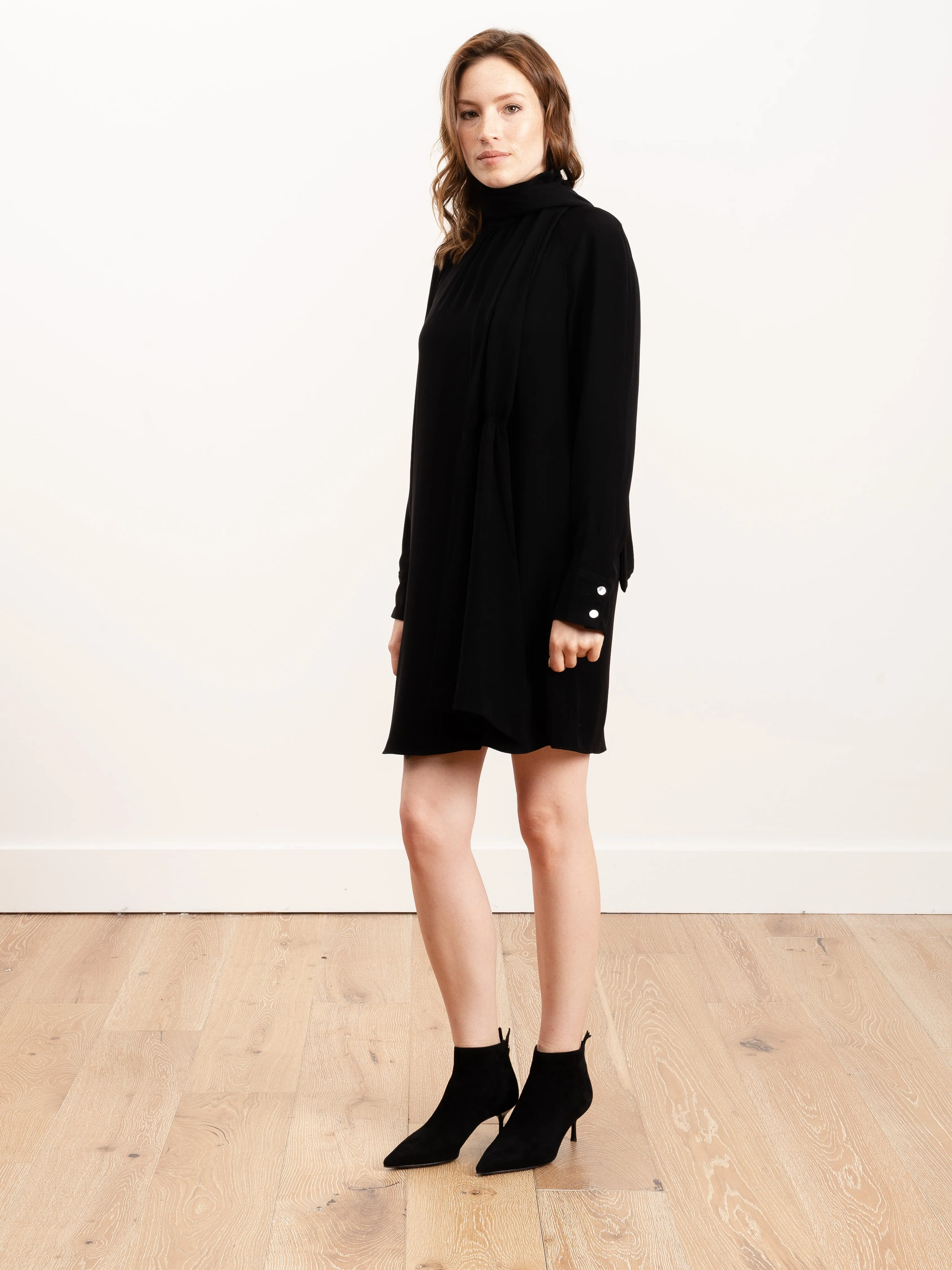 mockneck shirred flap short dress