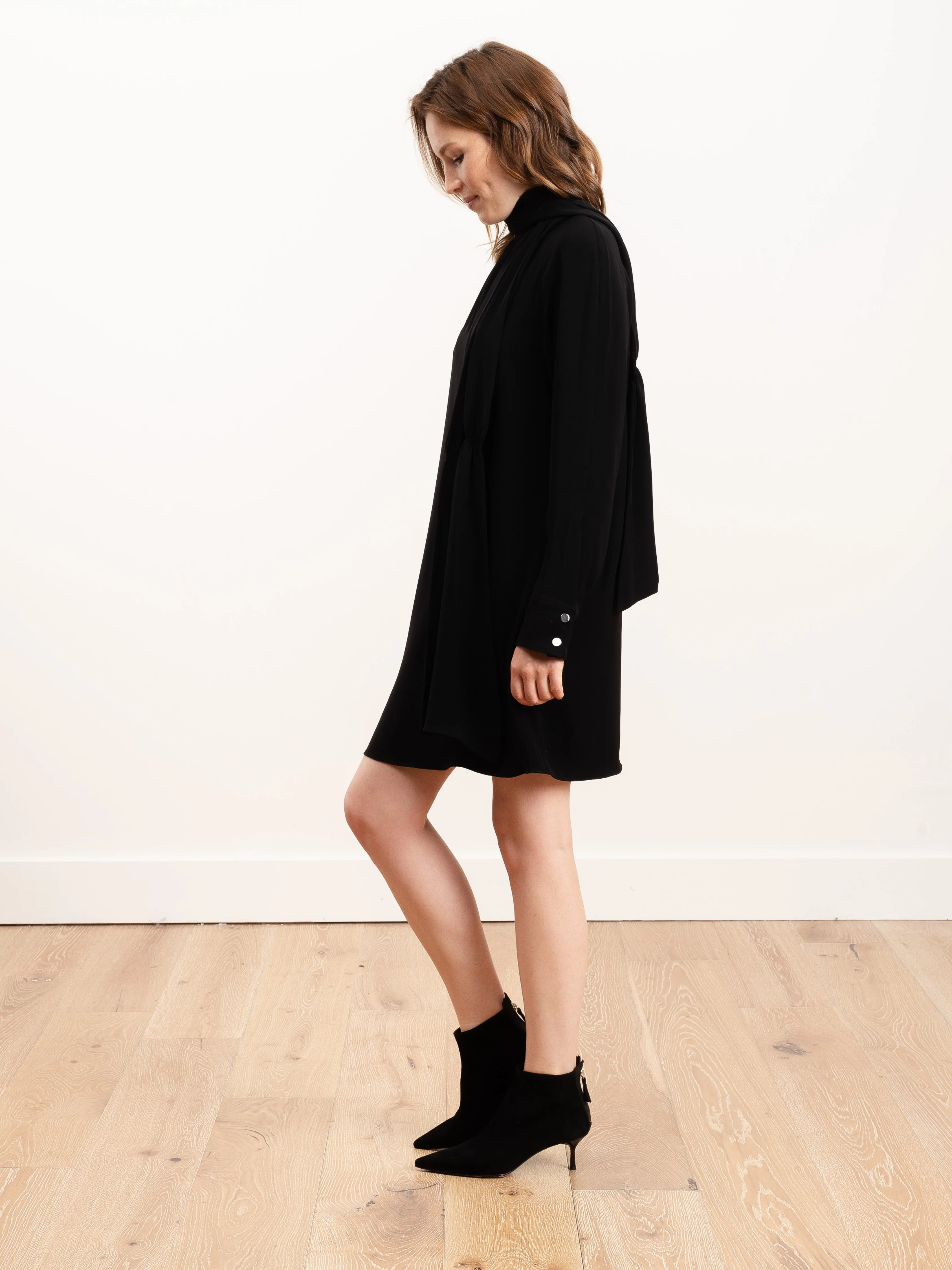 mockneck shirred flap short dress