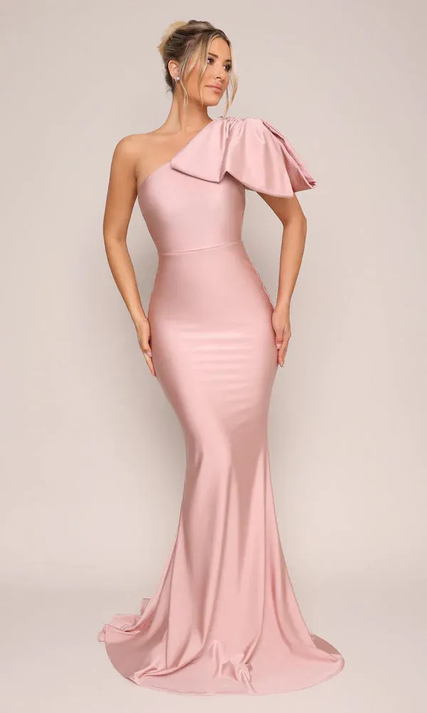 Moda Glam Boutique Jersey One-Shoulder Bow Gown- Blush