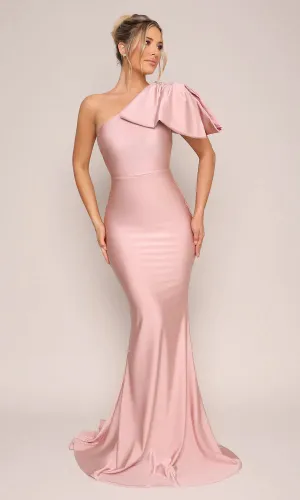 Moda Glam Boutique Jersey One-Shoulder Bow Gown- Blush