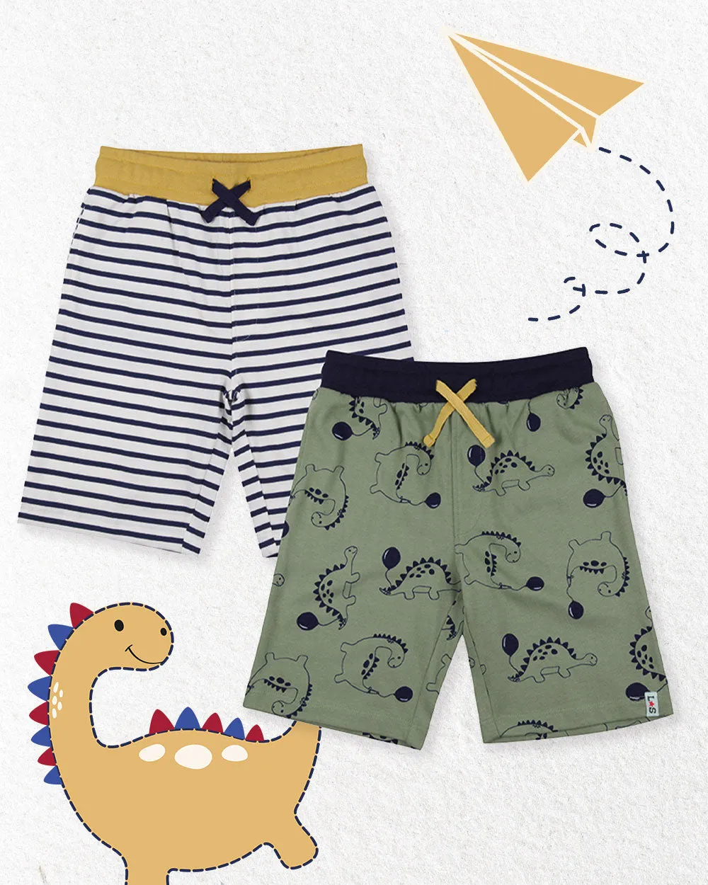Multicoloured Dinosaur And Stripe Print Short - 2 Pack