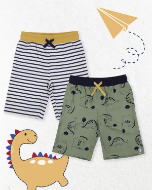 Multicoloured Dinosaur And Stripe Print Short - 2 Pack