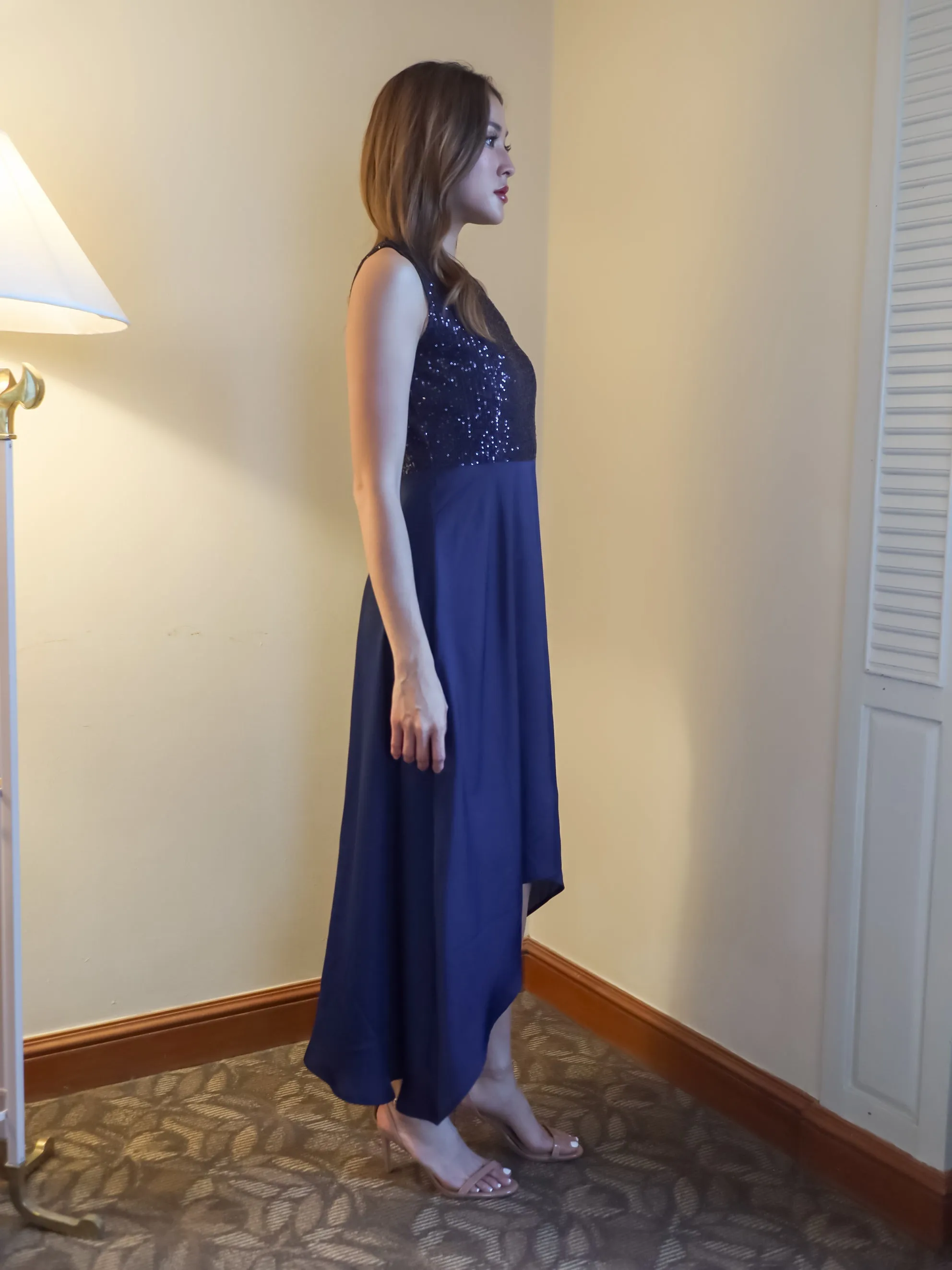 Navy Blue Sequinned Fit & Flared Maxi Dress
