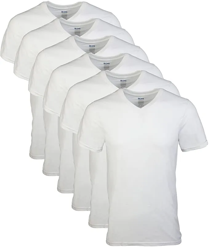 New Gildan mens White Ultra Soft V-neck T-shirts, 6 Pack, Sz L!