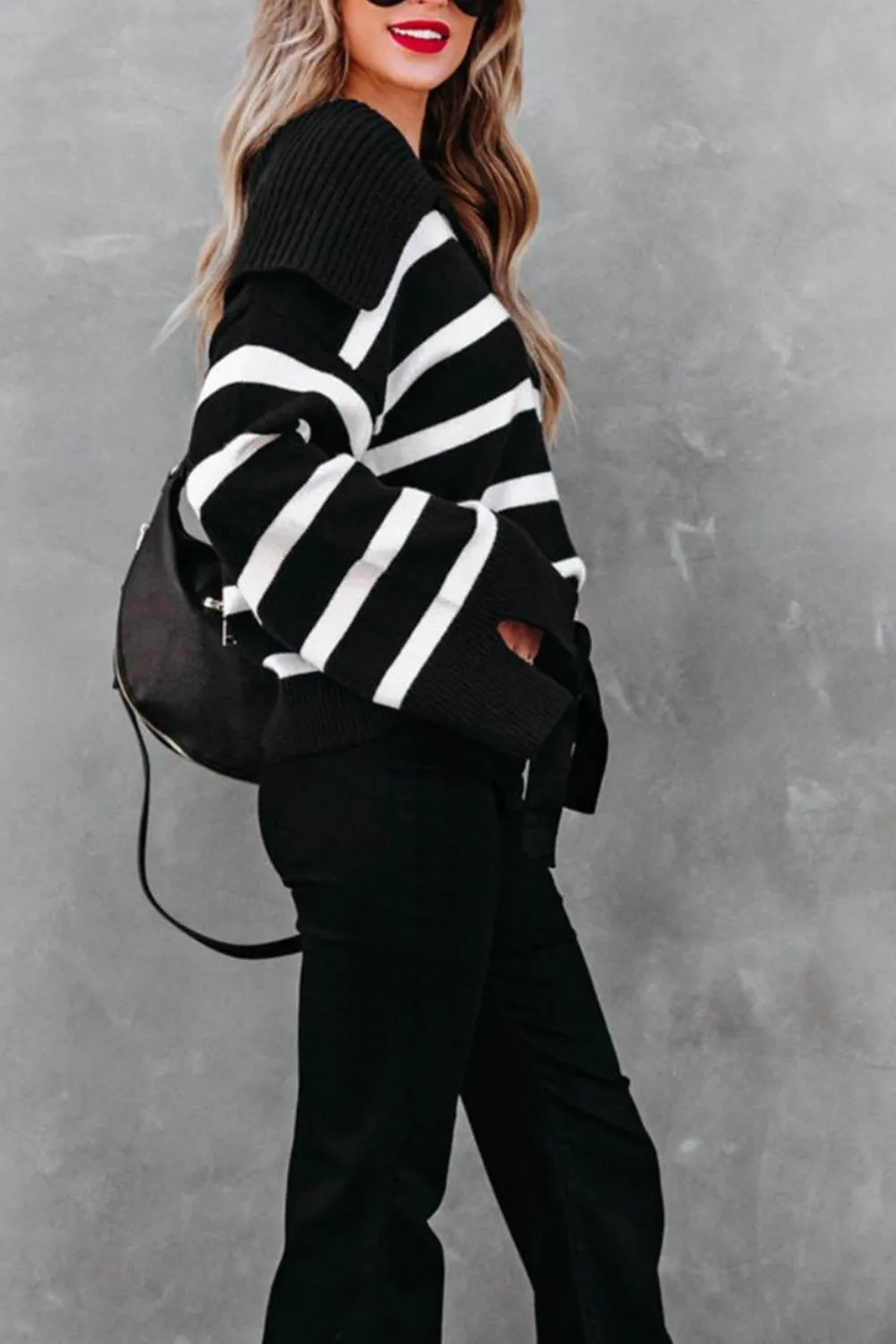 Nora Striped Johnny Collar Long Sleeve Sweater