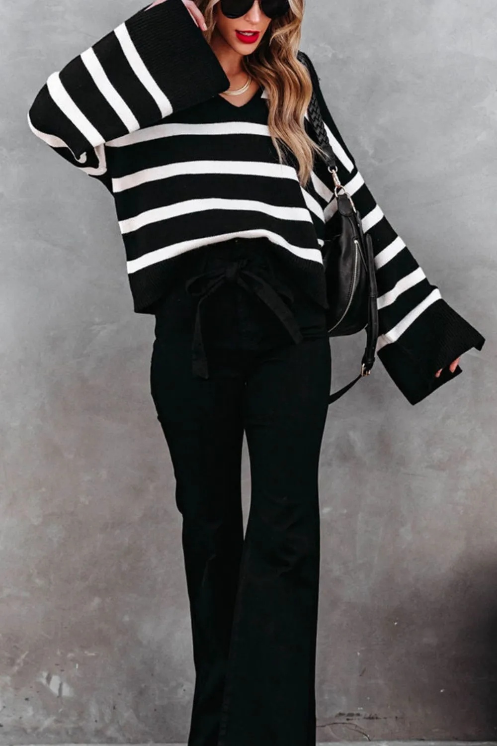 Nora Striped Johnny Collar Long Sleeve Sweater