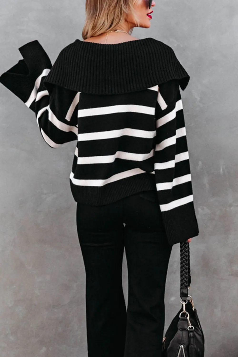 Nora Striped Johnny Collar Long Sleeve Sweater