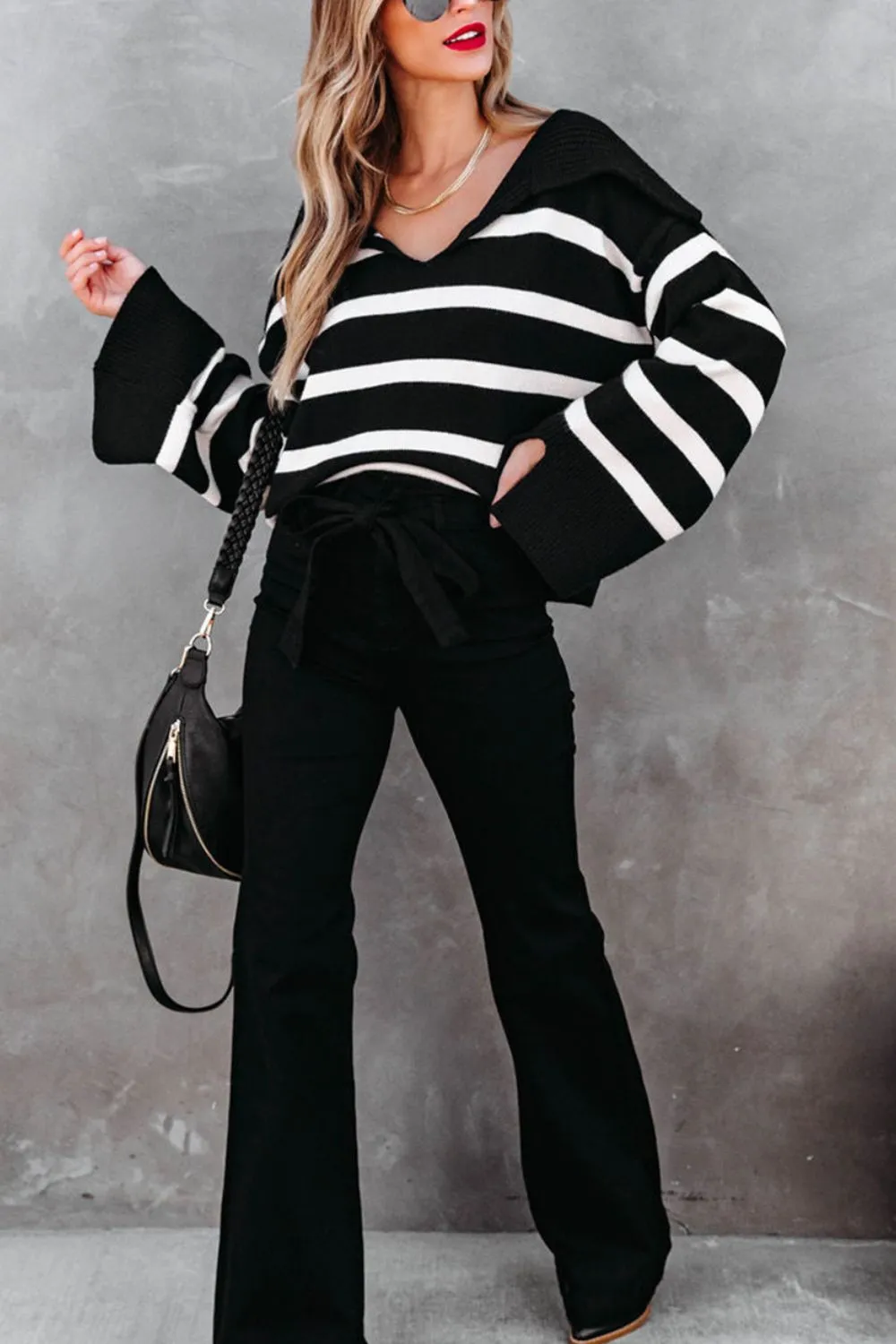 Nora Striped Johnny Collar Long Sleeve Sweater
