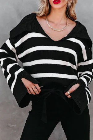 Nora Striped Johnny Collar Long Sleeve Sweater