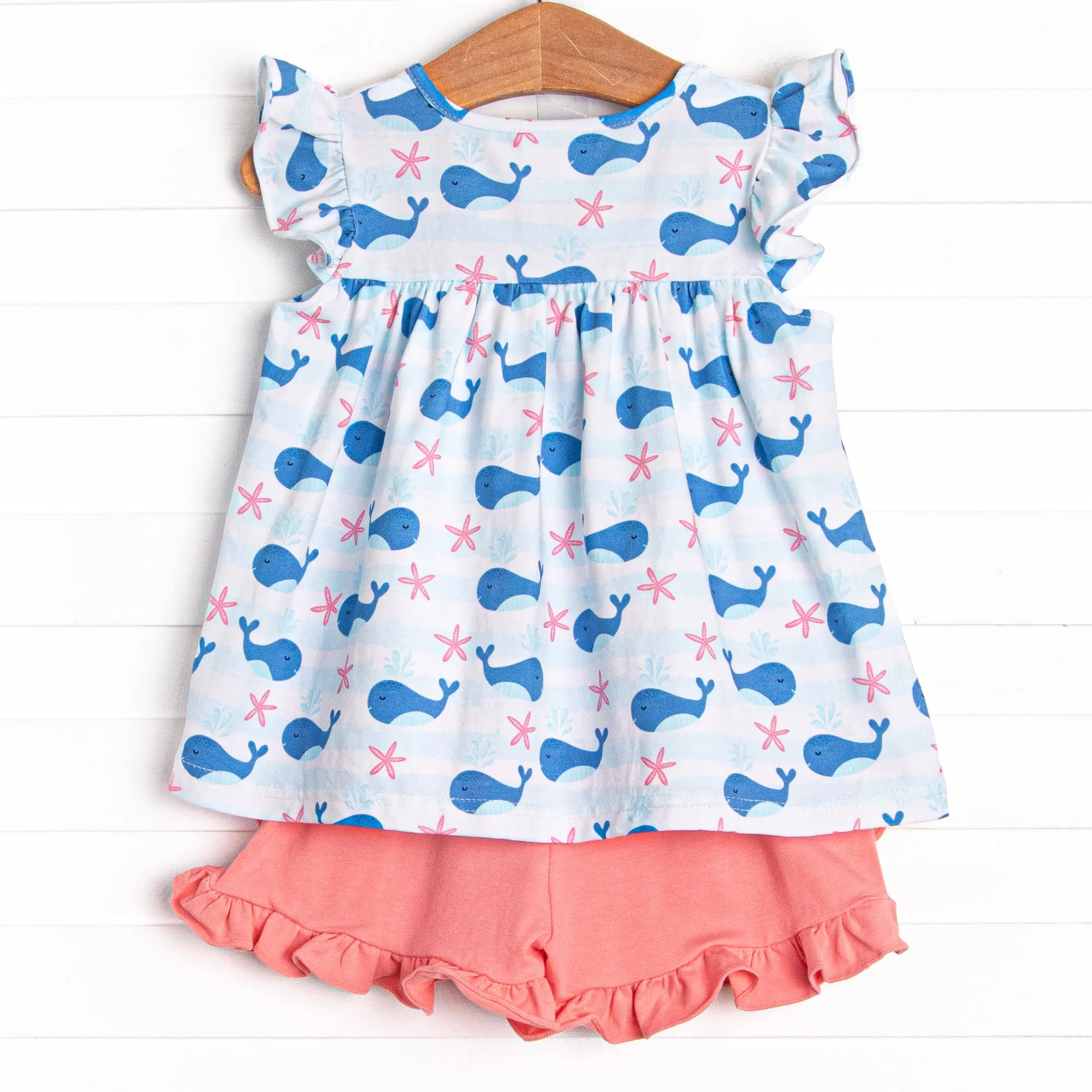 Oceanside Stripes Ruffle Short Set, Blue