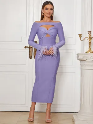 Off Shoulder Feather Cuff Midi Bandage Dress HB100091