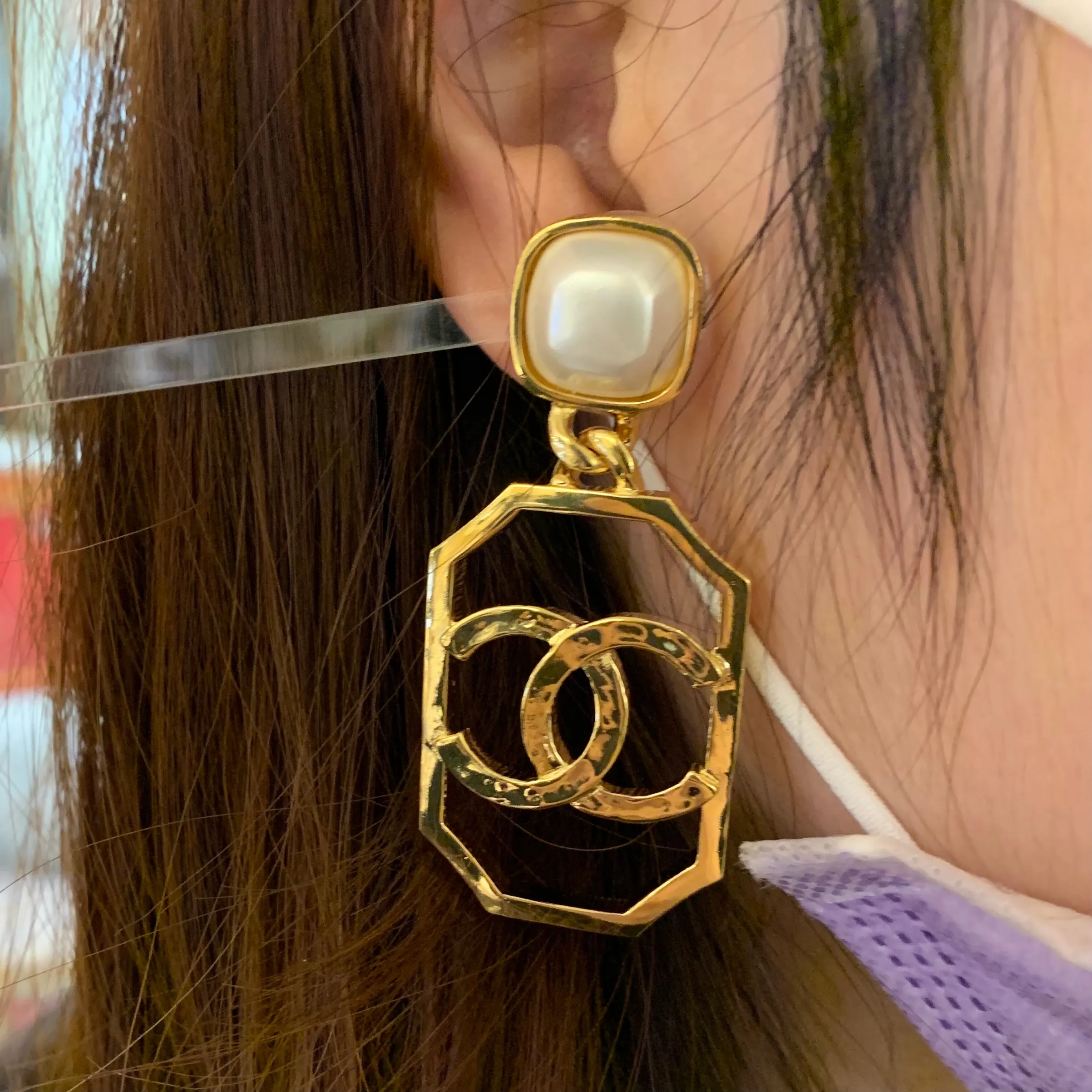 Pearl Cutout CC Oversized Dangle Earrings