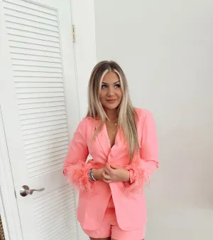 Pink Feather Cuff Blazer - With Shorts