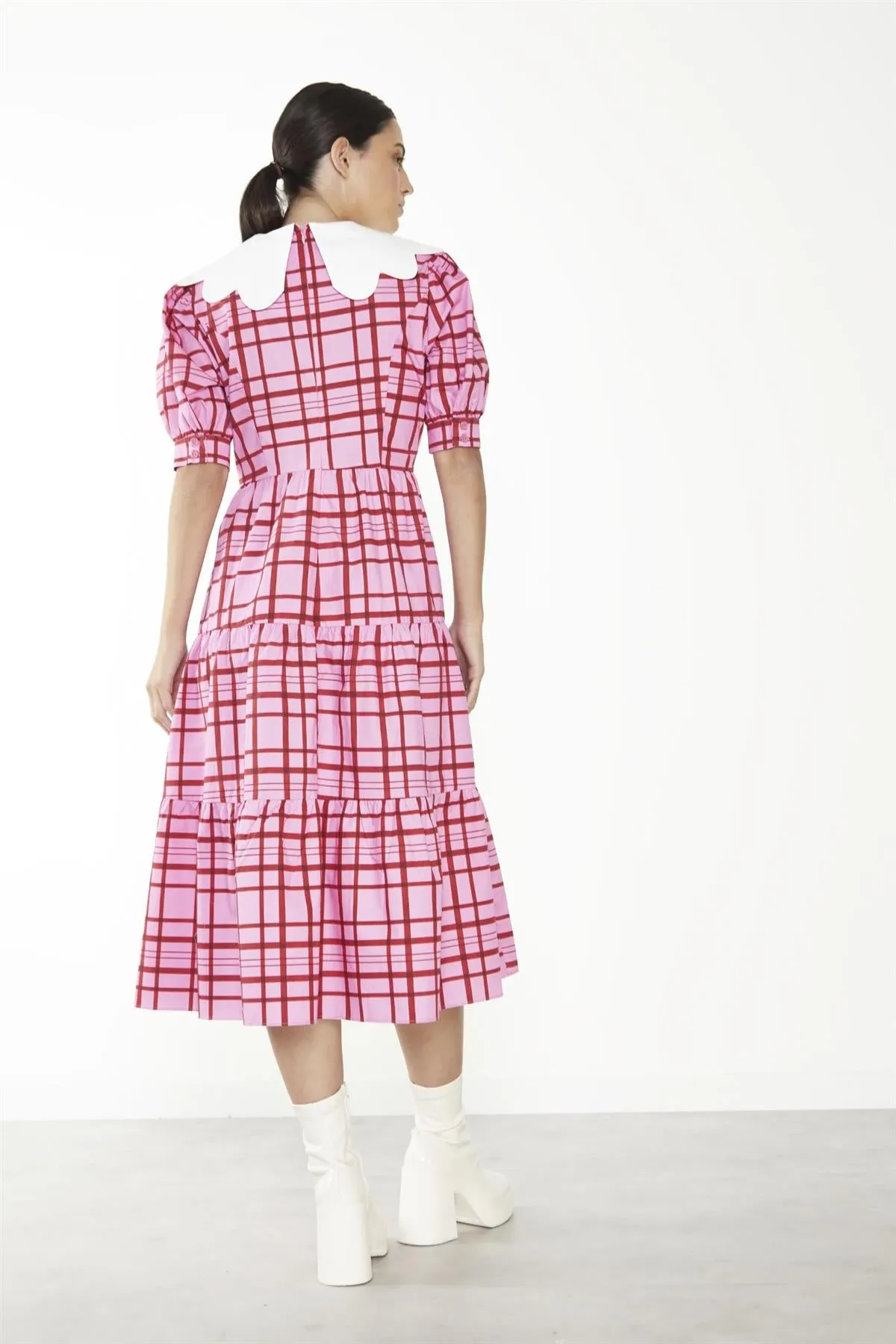 Pink-Red Grid-Check Tiered Collared Midi-Dress