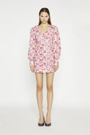 Pink Red Vintage Floral  V-Neck Mini-Dress