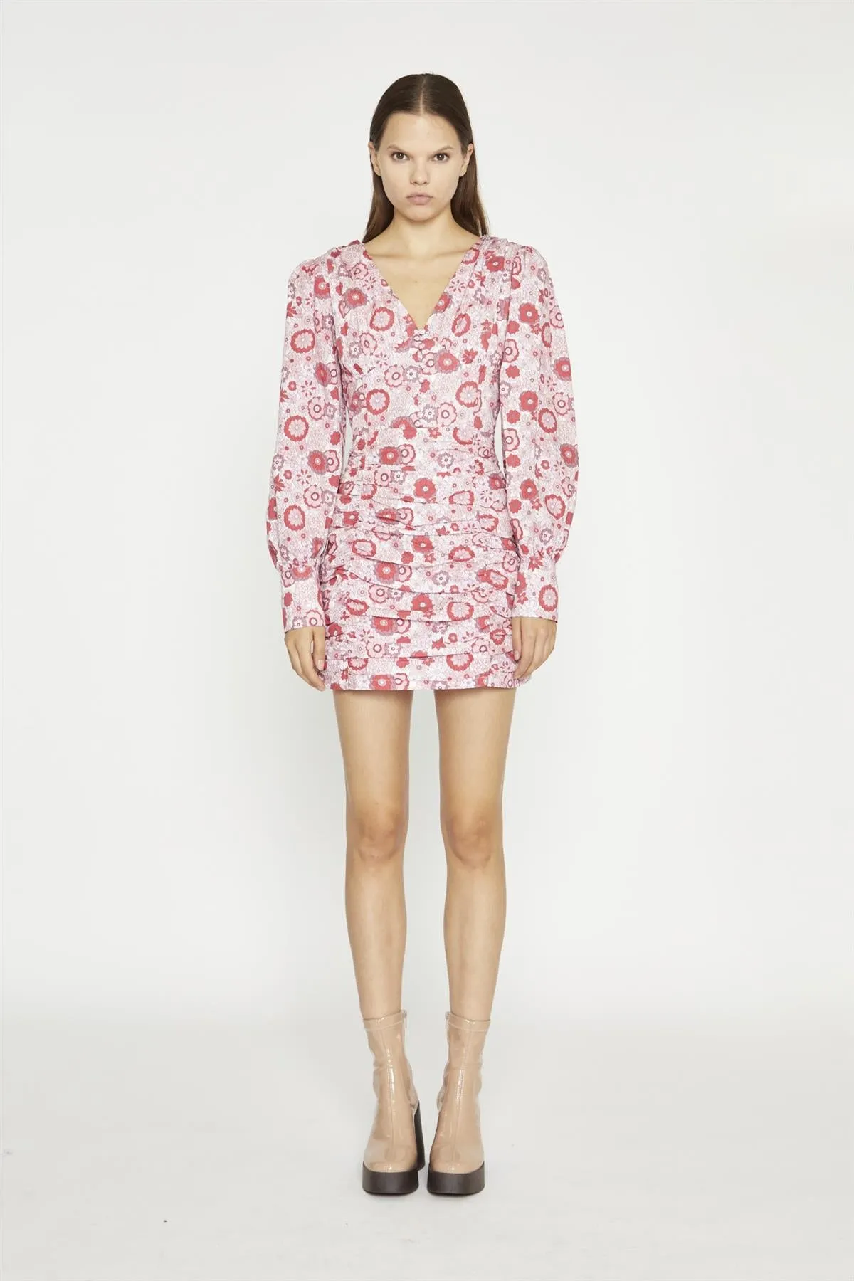 Pink Red Vintage Floral  V-Neck Mini-Dress