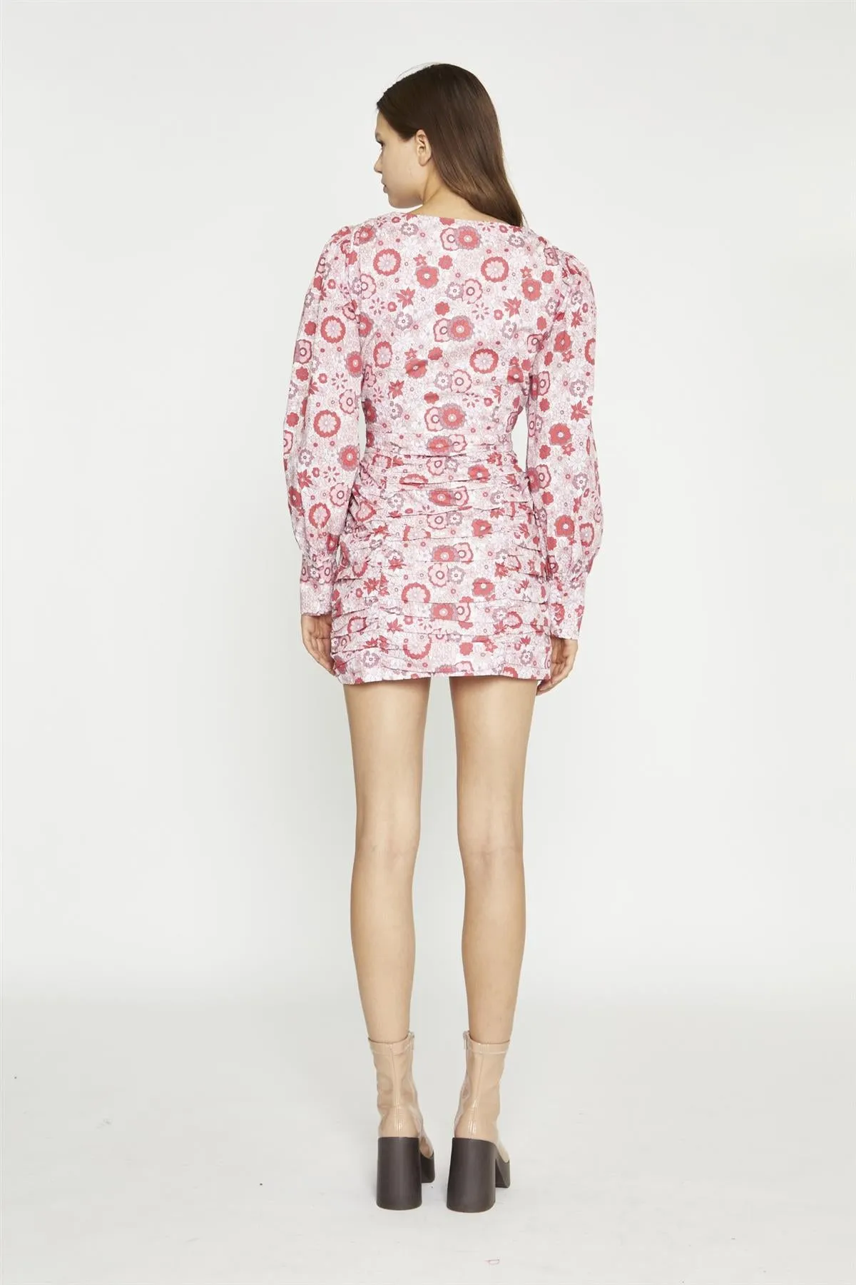 Pink Red Vintage Floral  V-Neck Mini-Dress