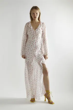 Pink Watercolour-Floral V-Neck Maxi-Dress
