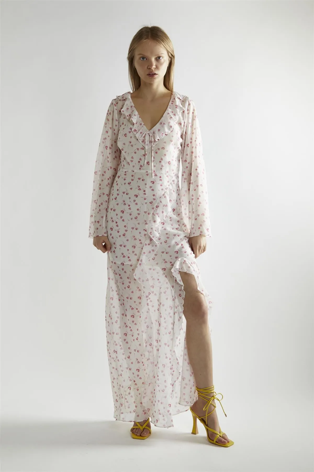 Pink Watercolour-Floral V-Neck Maxi-Dress