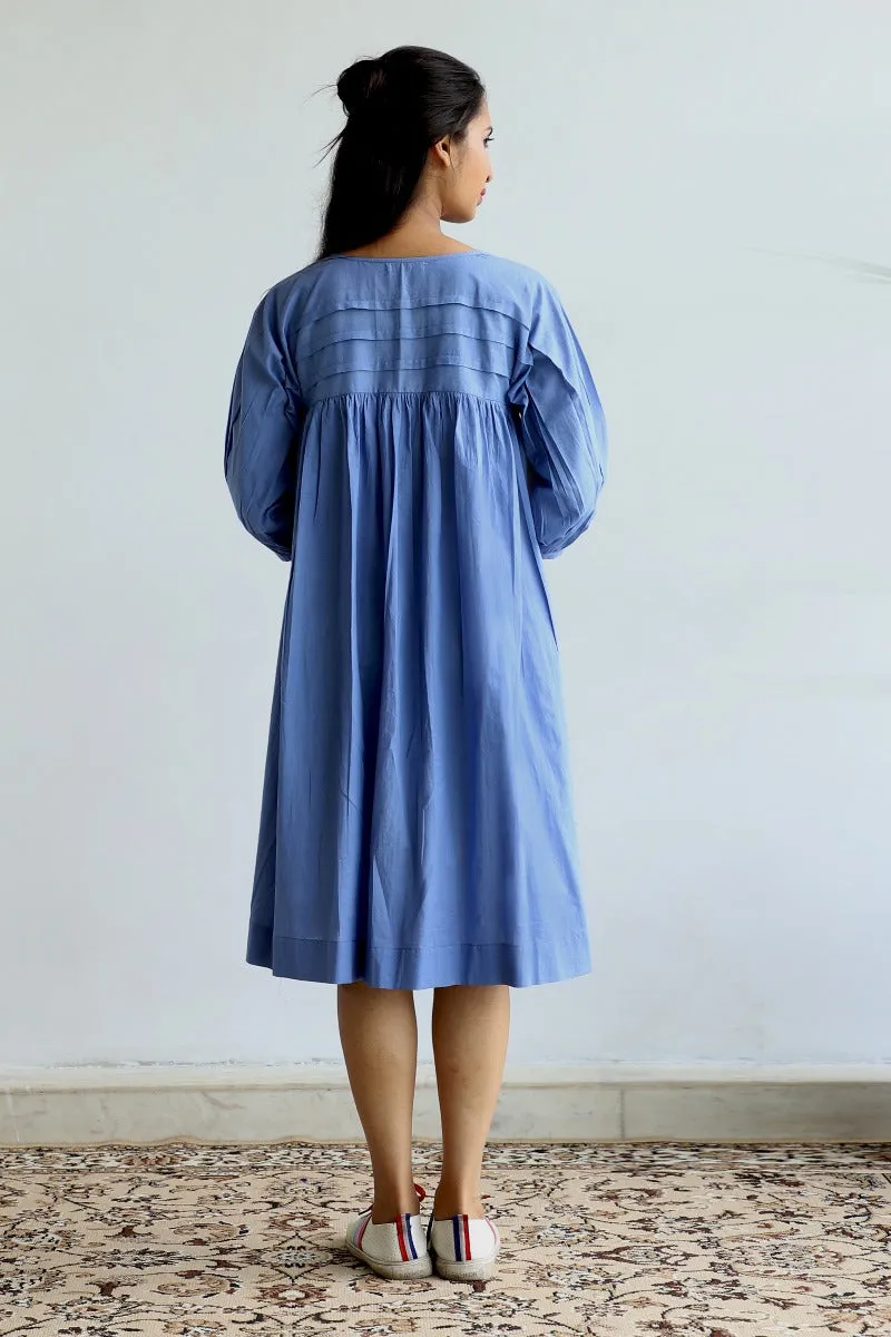 Pleated yoke dress in oxford blue cotton