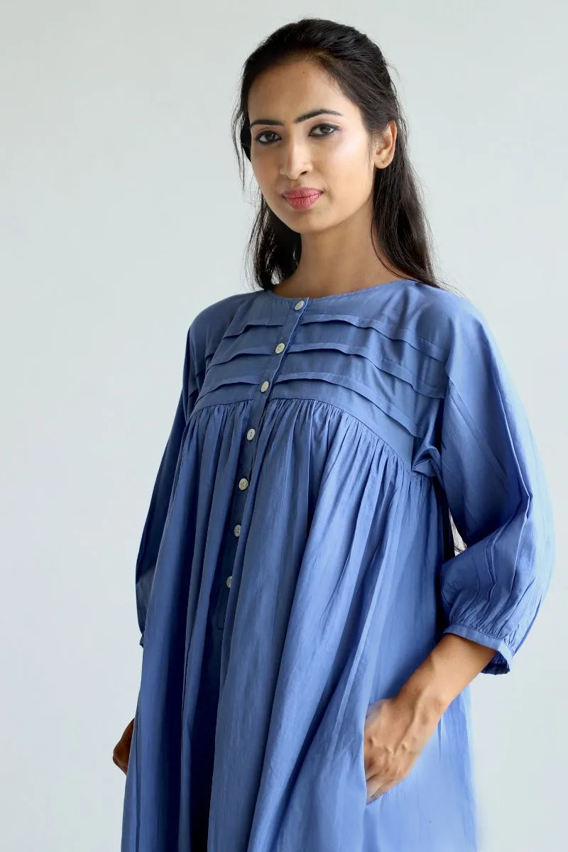 Pleated yoke dress in oxford blue cotton