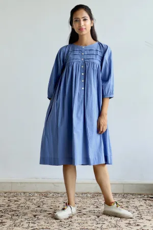 Pleated yoke dress in oxford blue cotton