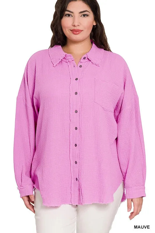 PLUS DOUBLE GAUZE OVERSIZED RAW EDGE SHIRT