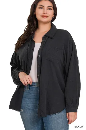 PLUS DOUBLE GAUZE OVERSIZED RAW EDGE SHIRT