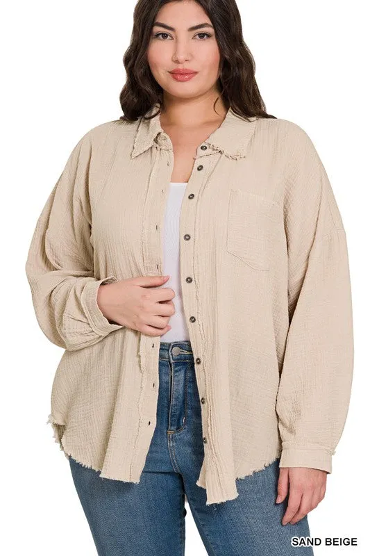 PLUS DOUBLE GAUZE OVERSIZED RAW EDGE SHIRT